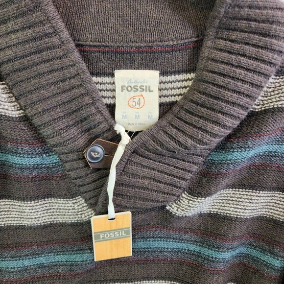 Fossil Sweater Mens M Brown Striped Shawl Collar Pullover Ribbed Knit Grandpa - Picture 12 of 16